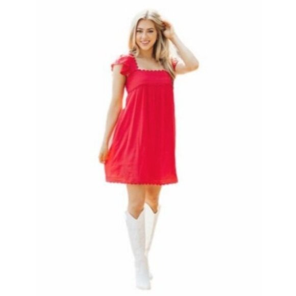 J. Marie The Swift Dress Red Scalloped Square Neck Ruffle Shift Dress NWT XS-M - Picture 2 of 5